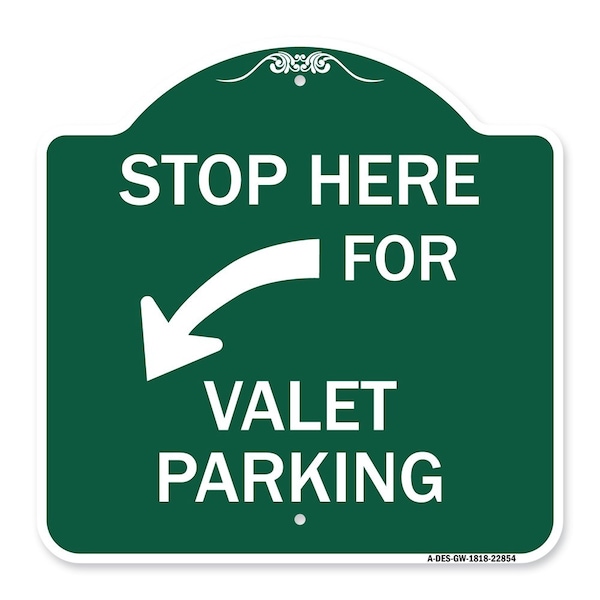 Signmission Stop Here for Valet Parking Left Arrow, Green & White Aluminum Sign, 18" x 18", GW-1818-22854 A-DES-GW-1818-22854 - main